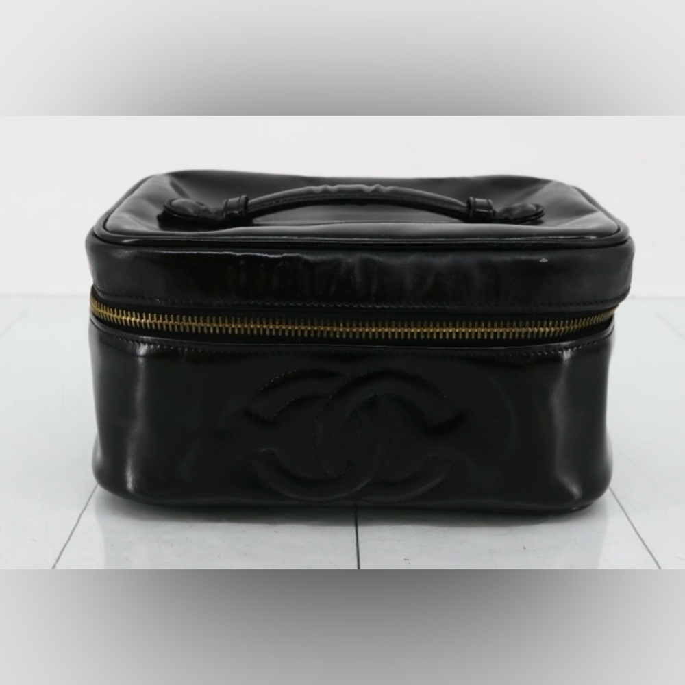 Chanel Vintage Black Patent Vanity Case + Box